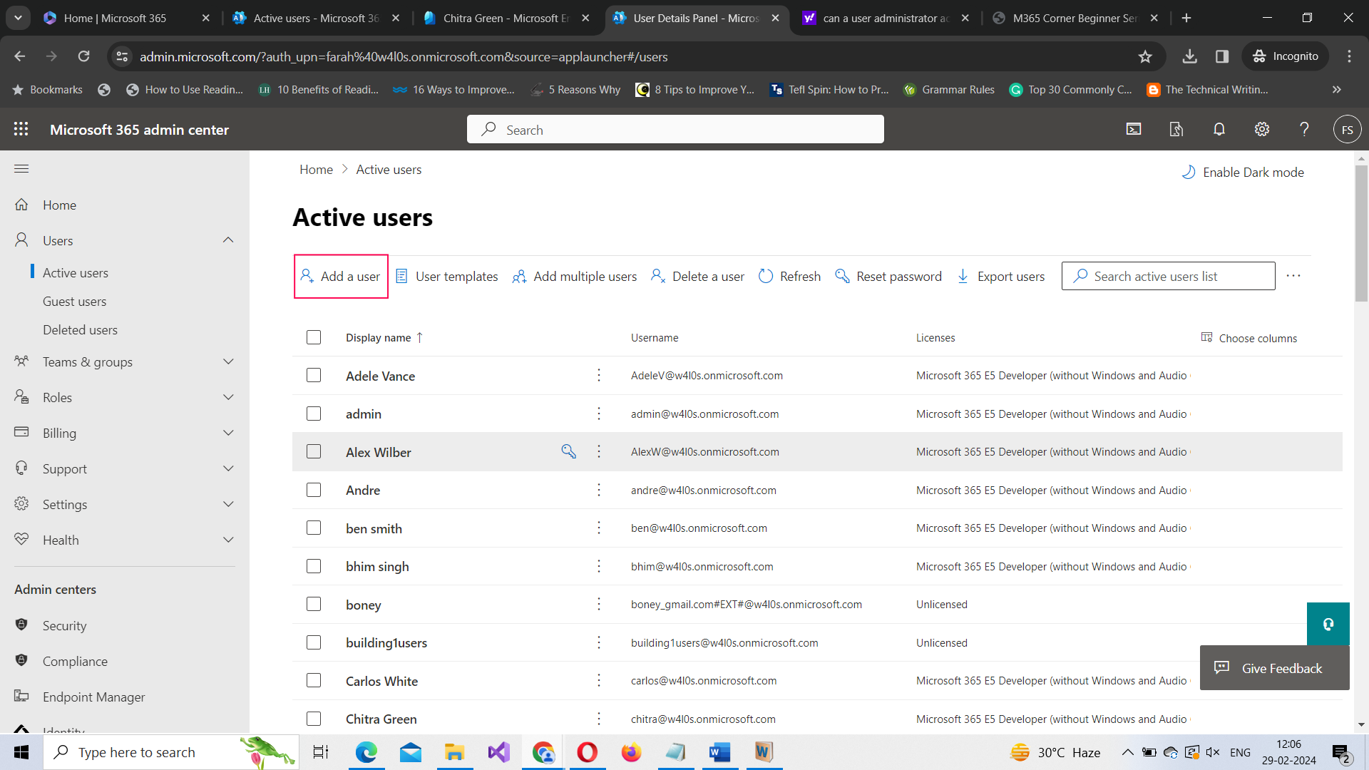 Demo shows how you can add Microsoft 365 users by clicking the add a user button.