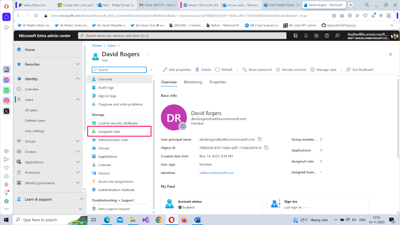 Selecting Assigned roles option under Manage section within the user details page of the Microsoft Entra Admin Center.  