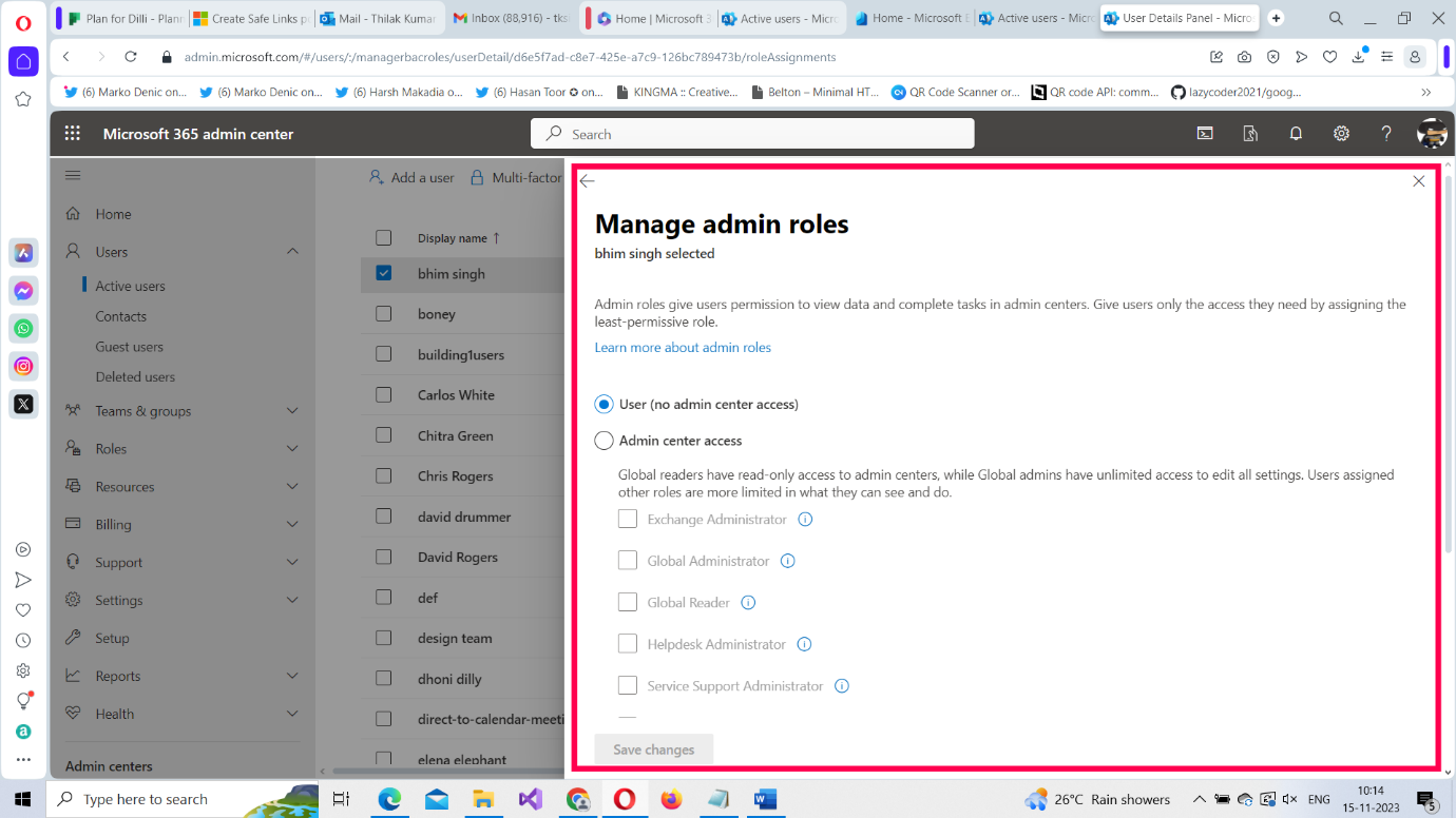 Manage admin roles pane in Microsoft 365 admin center which allows you to assign admin roles to Microsoft 365 user.