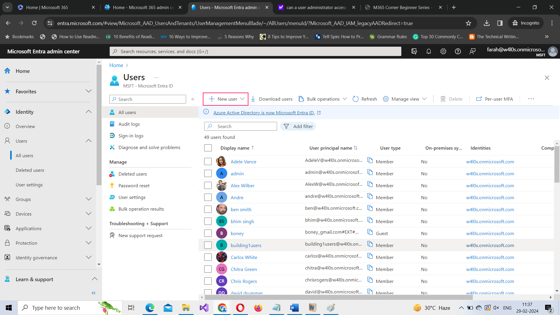 Demo shows how to add users from by clicking New user button within the Microsoft Entra ID admin center. 