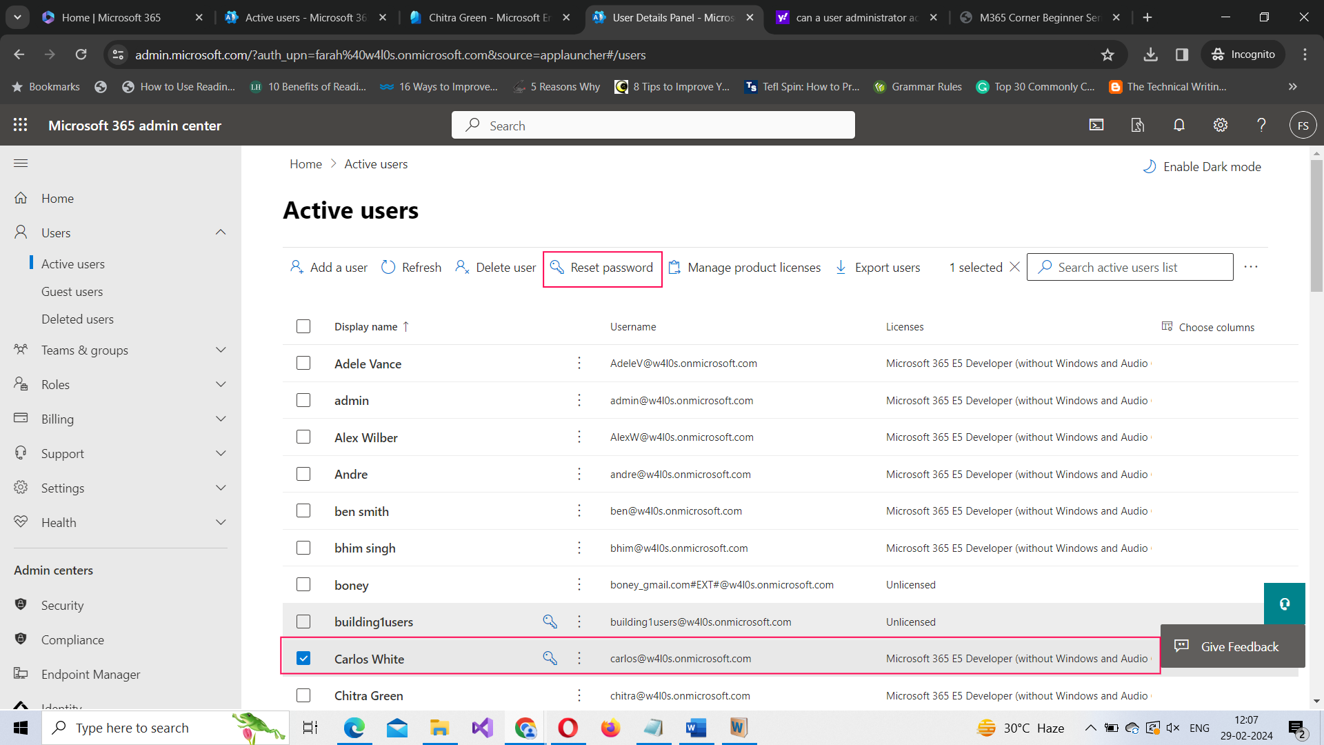 Demo shows how you can reset a Microsoft 365 user's password by clicking the Reset password button. 
