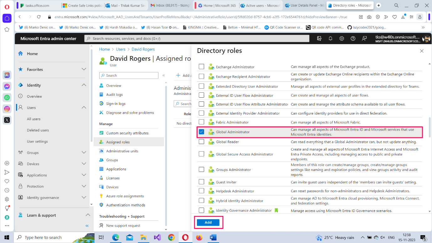 Selecting the Microsoft 365 admin role to be assigned to the user. 