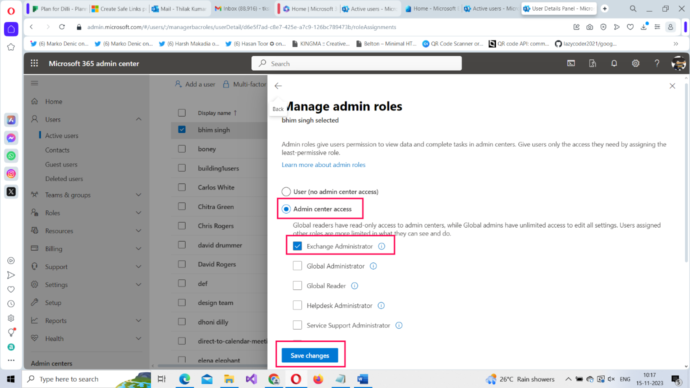 Assigning Exchange Administrator role to a Microsoft 365 user in Microsoft 365 admin center.  