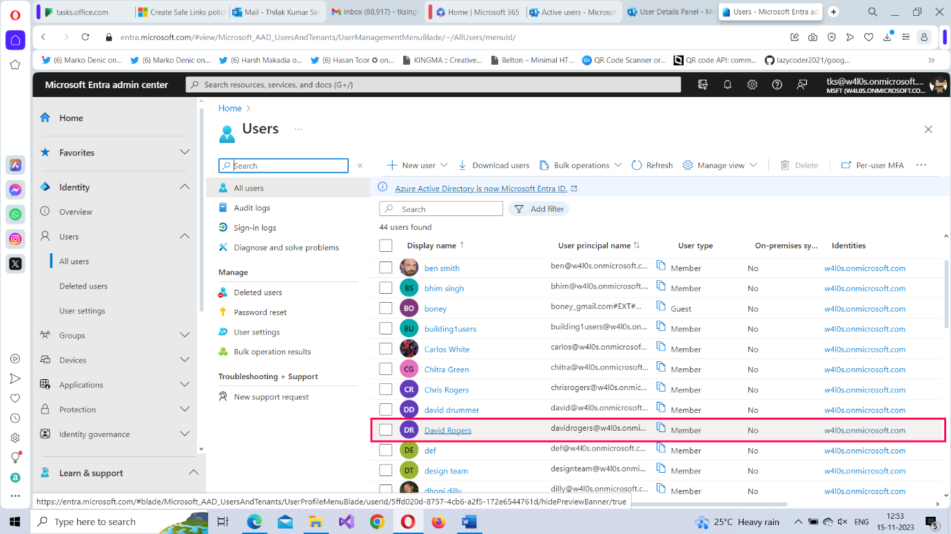 Selecting a Microsoft 365 user in Microsoft Entra Admin Center by clicking the Display Name.  