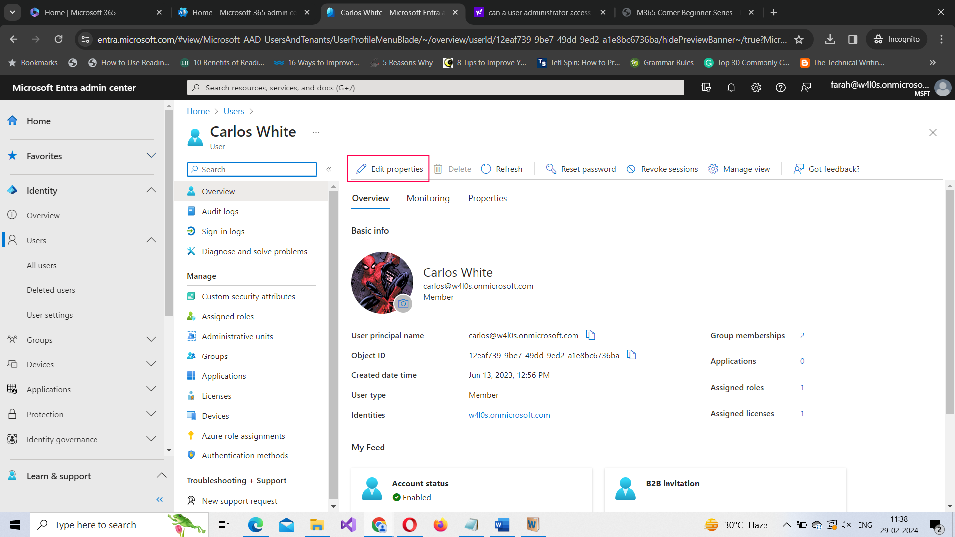 Demo shows how to edit Microsoft 365 user properties or attributes by clicking Edit properties button within the Microsoft Entra ID admin center. 
