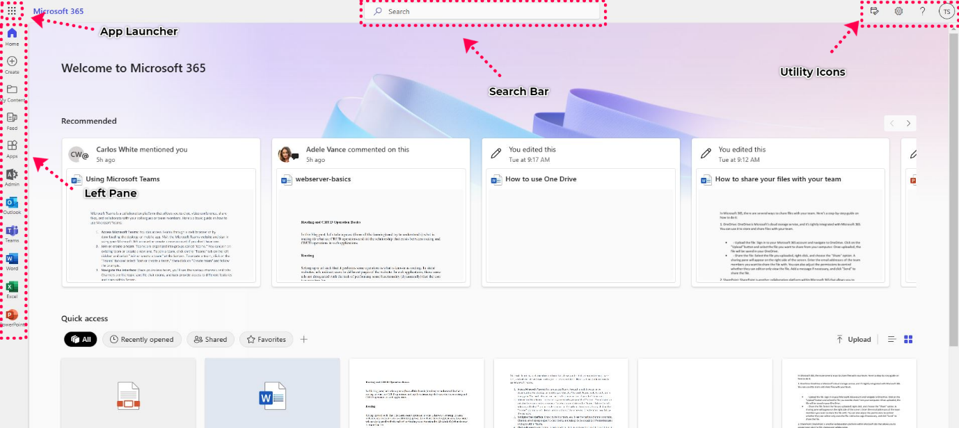 Different sections of Microsoft 365 Home Page   