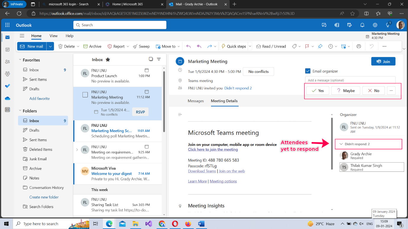 Image shows how you can respond to a Microsoft 365 Outlook meeting invite by selecting yes, no or maybe in the calendar app. 