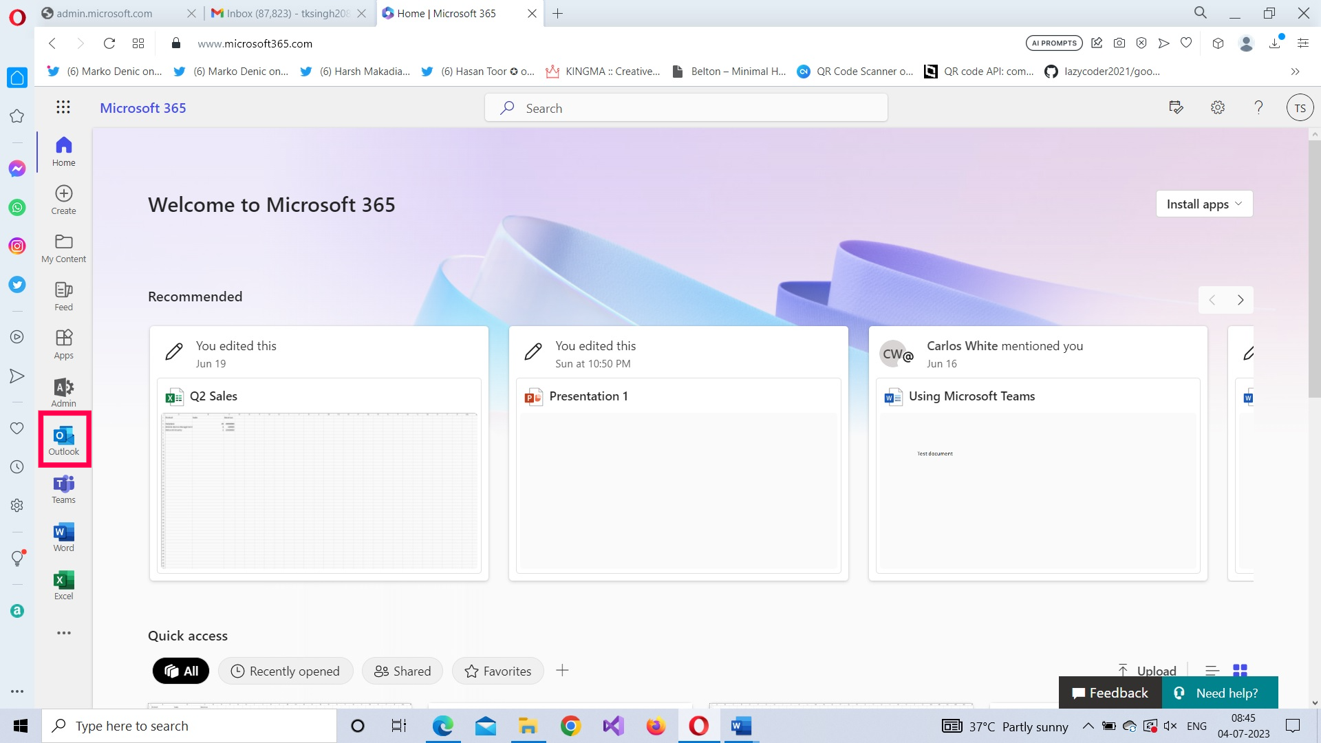 Accessing Outlook app on Microsoft 365 home page.  