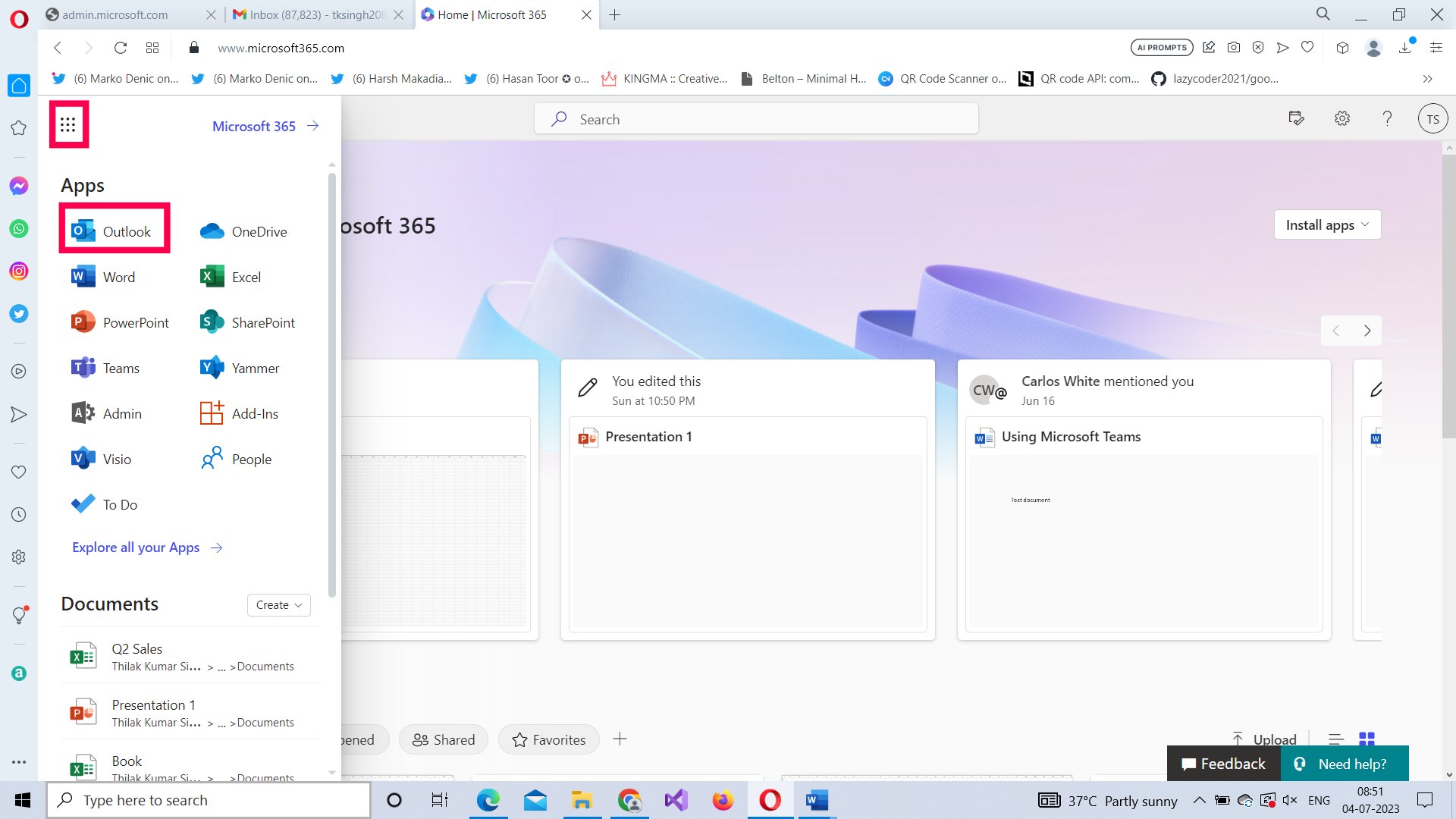 Accessing Outlook app using Microsoft 365 app launcher. 
