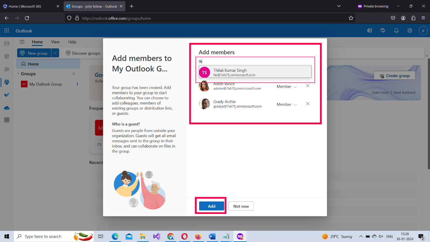 Image shows how to invite optional meeting attendees by clicking the Optional link and entering their email addresses. 