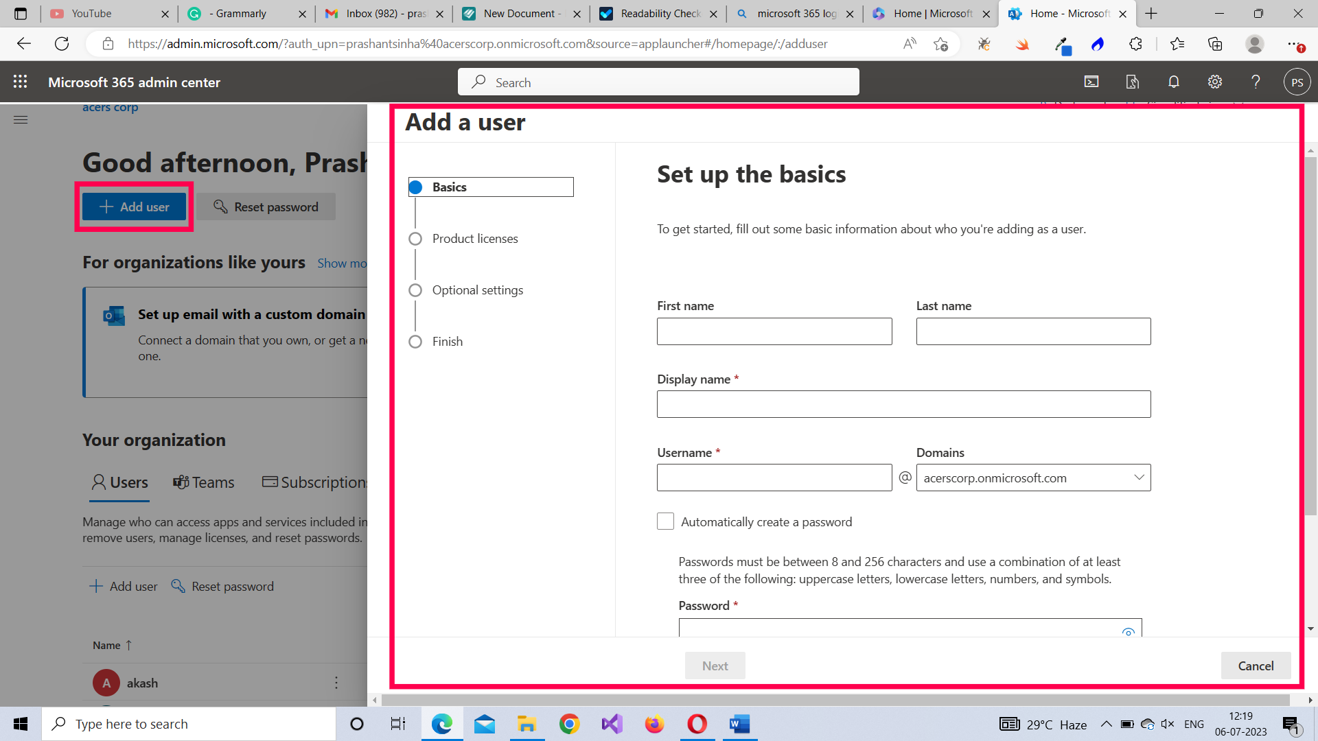 Adding Microsoft 365 basic user details  