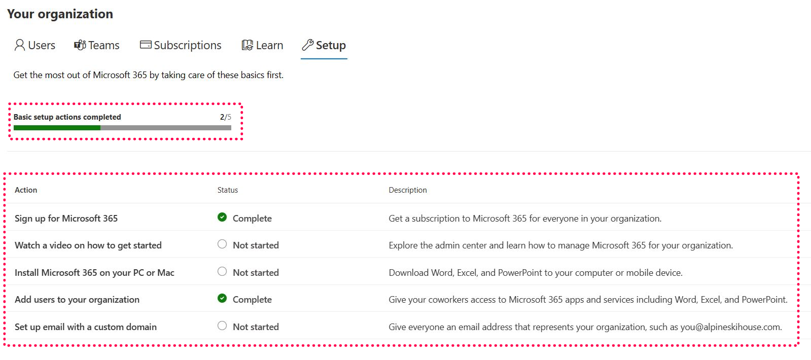 Set up tab in the Microsoft 365 admin home page  