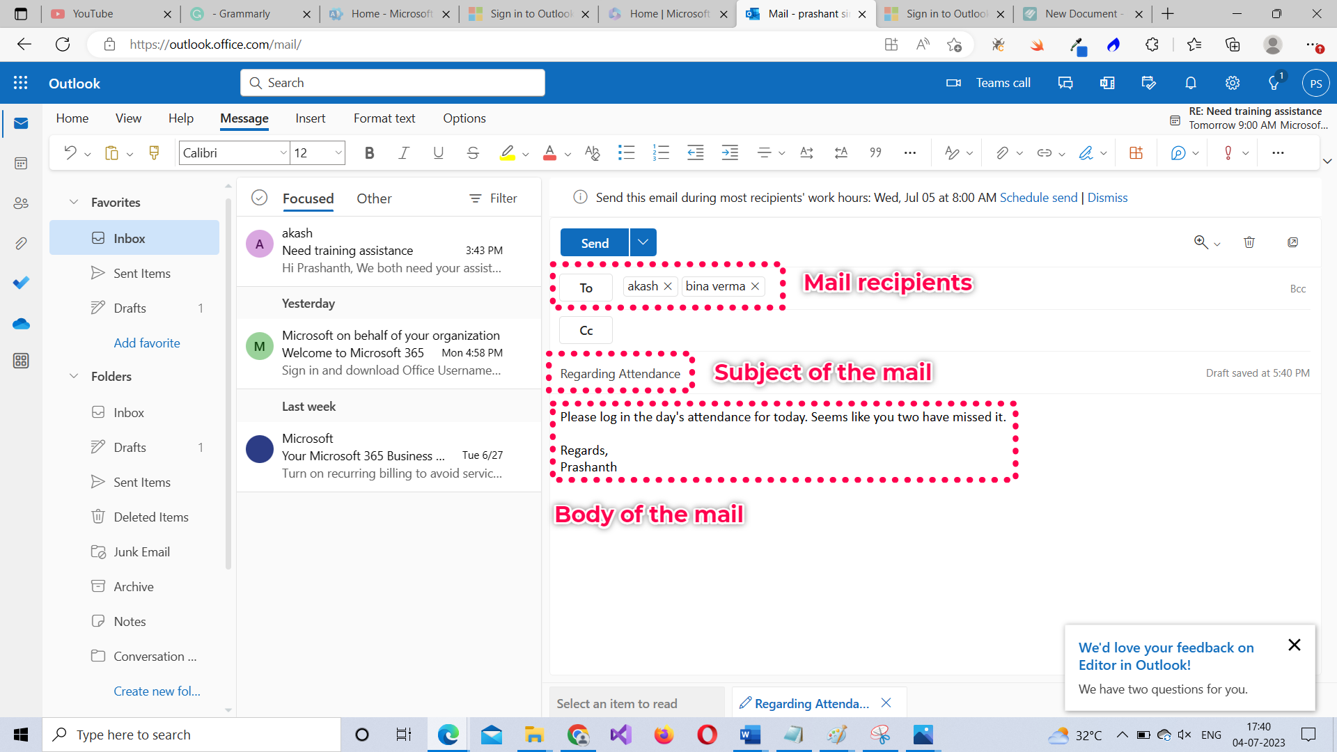 Sending mail using Microsoft 365 Outlook Web app 