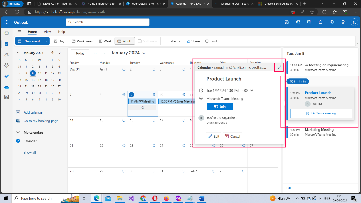 Image shows how you can get a detailed view of the configured Outlook meeting by clicking the expand icon in the calendar app. 