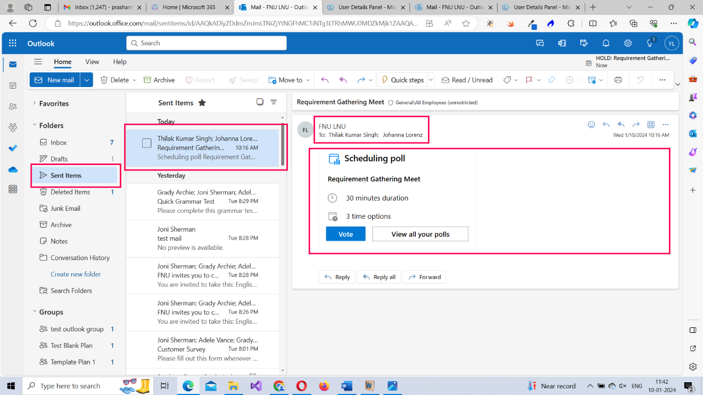 Image shows how you can confirm the scheduling poll details were sent successfully by checking the Sent Items folder. 