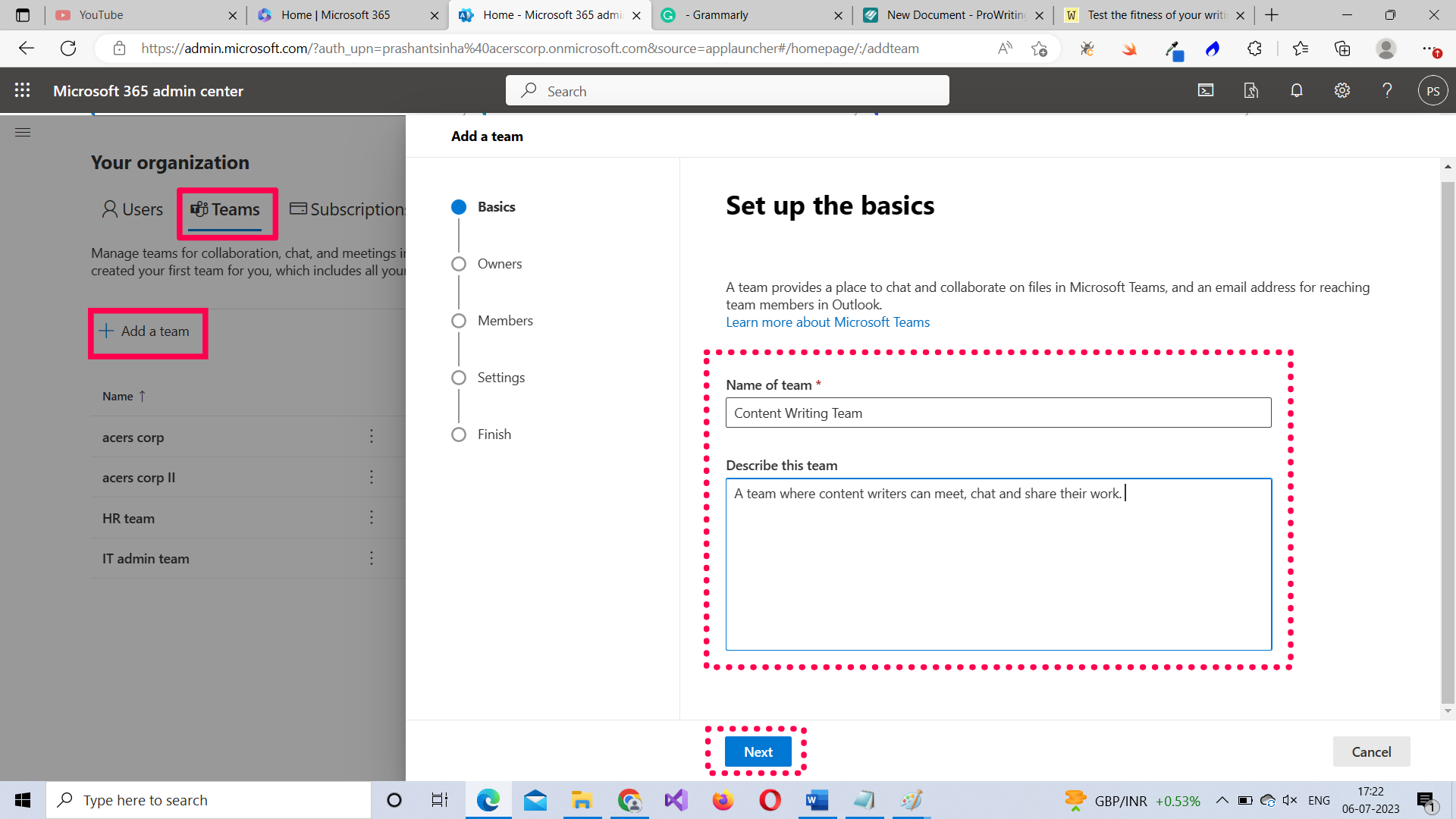Adding basic Microsoft Team’s details like name and description   