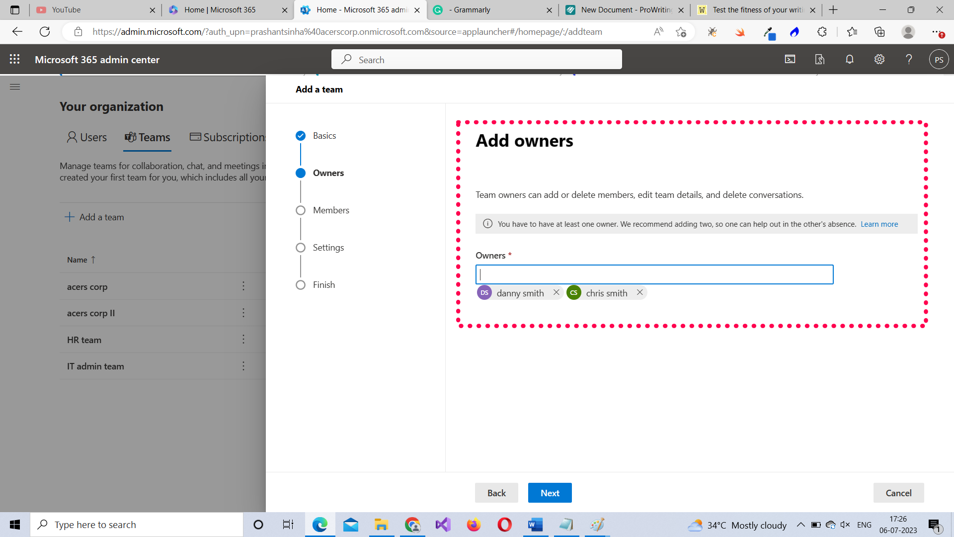 Adding owners to the Microsoft Team   