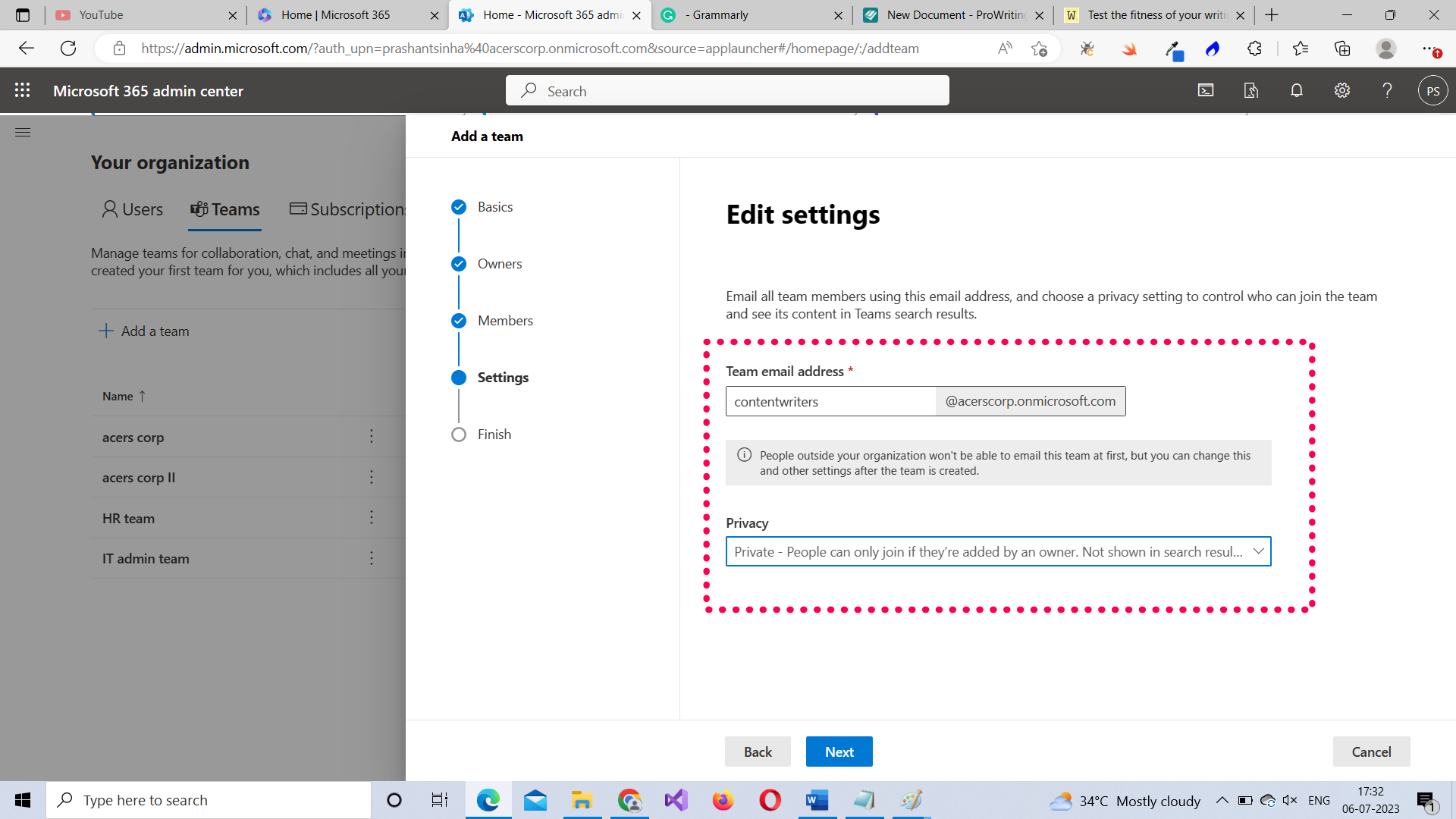 Adding email address to the Microsoft Team 