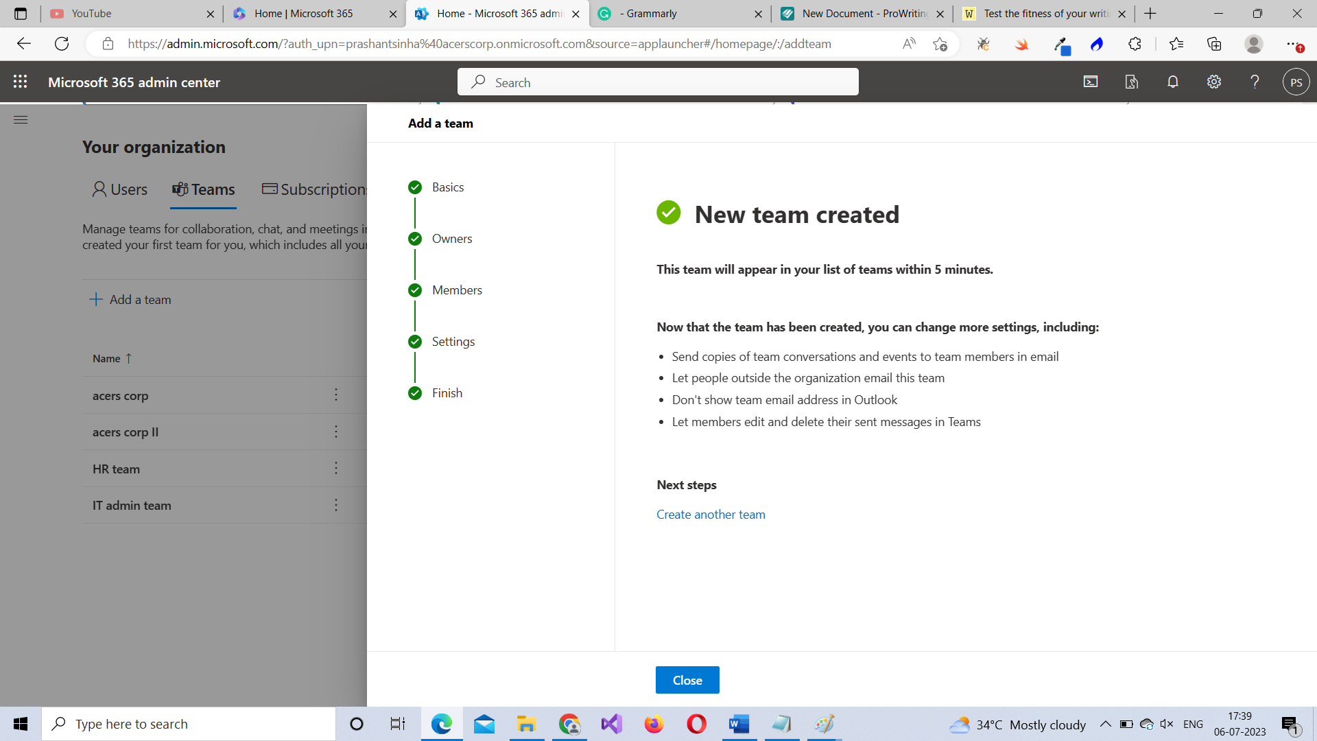 Reviewing the Microsoft Team’s details  