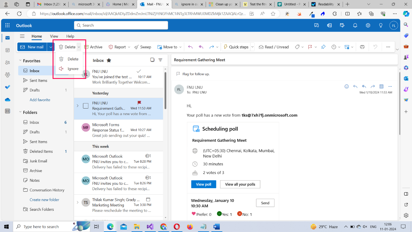 Image highlights the different options available within the Delete dropdown like Delete and Ignore.  