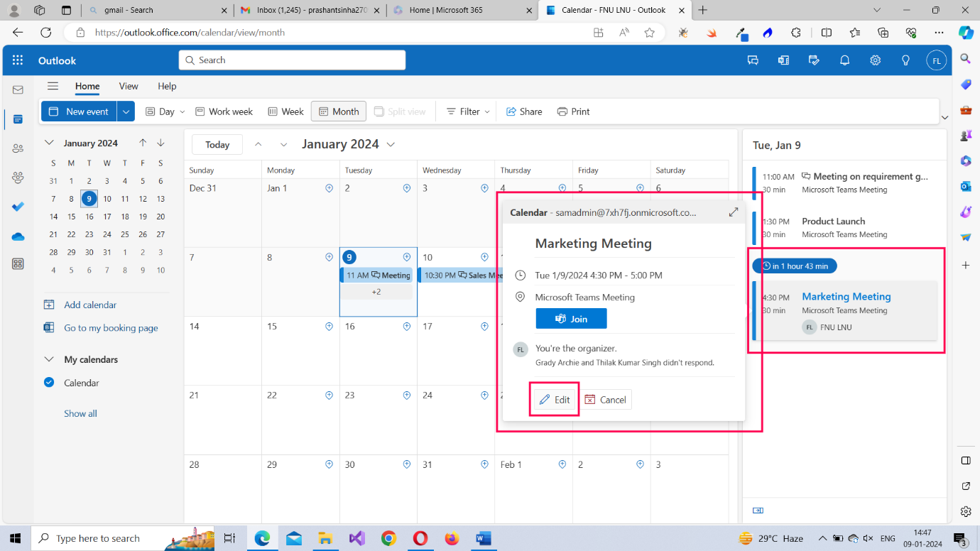 Image shows how you can edit the configured Outlook meeting details by clicking the edit icon in the calendar app. 