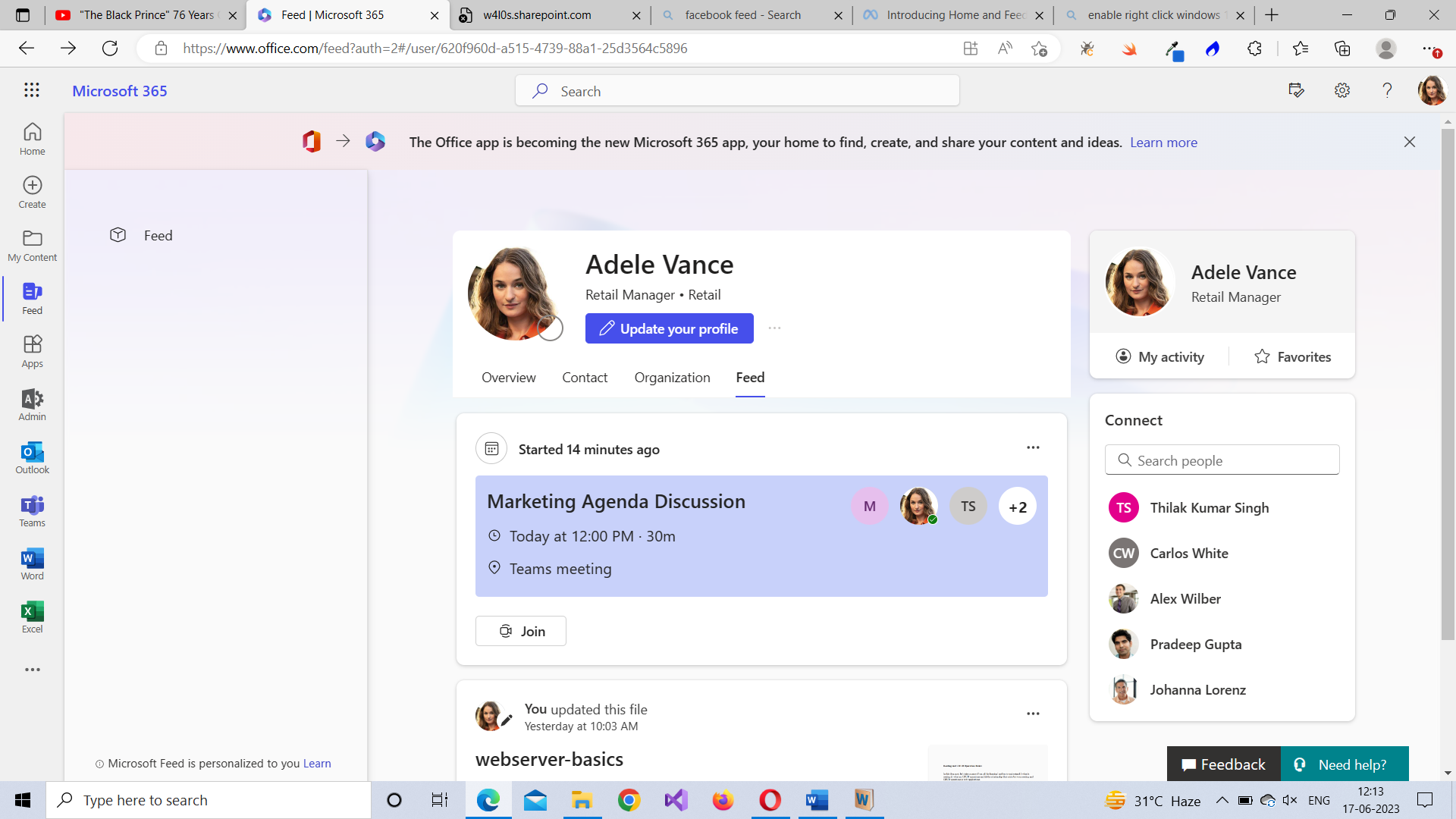 Accessing your Feed activity in Microsoft 365 Home Page  