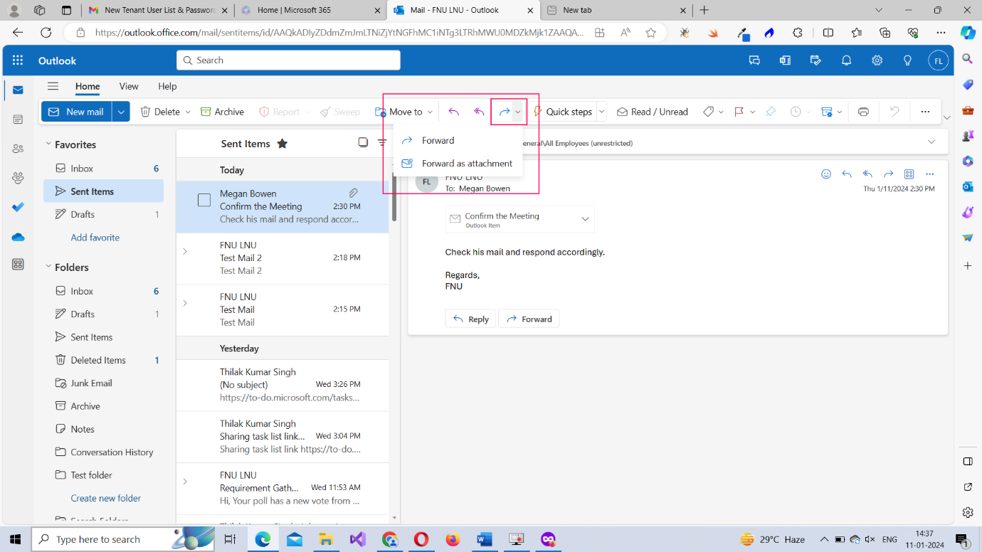 Image explains the various foward options available for your Microsoft 365 mails under the forward dropdown in the toolbar. 