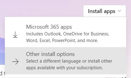 Install apps dropdown within Microsoft 365 Home Page  