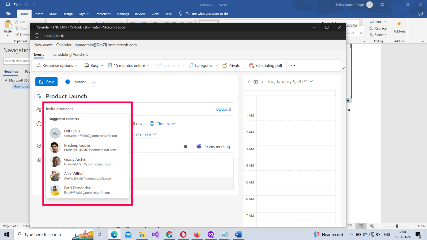 Image shows how to invite meeting attendees by entering their email addresses and selecting them from suggested contacts list. 