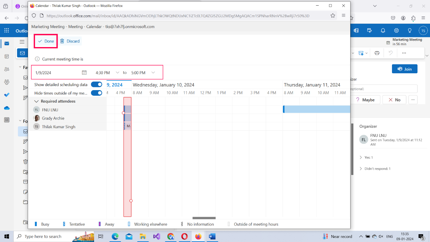 Image shows how invitees can enter the new Outlook meeting time they are proposing by using the current meeting time dropdown.  