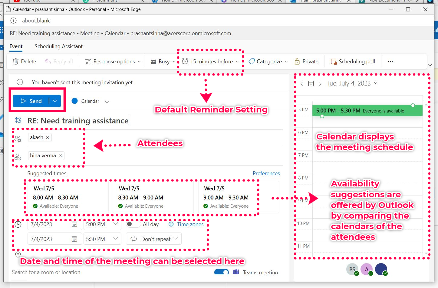 Setting up Microsoft 365 Outlook Web app meeting details  