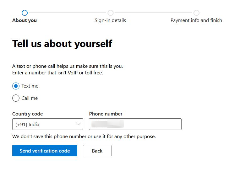 Enter phone number for Microsoft 365 account verification purpose.  