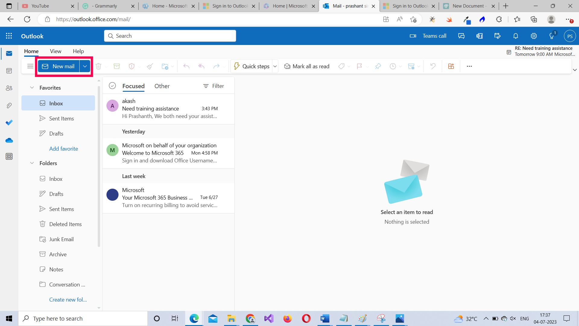 New mail button that helps users compose Microsoft 365 Outlook Web app mails 