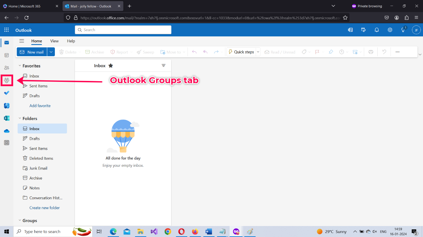 Image explains how you can access Microsoft Outlook from the app launcher by clicking the Outlook app icon. 
