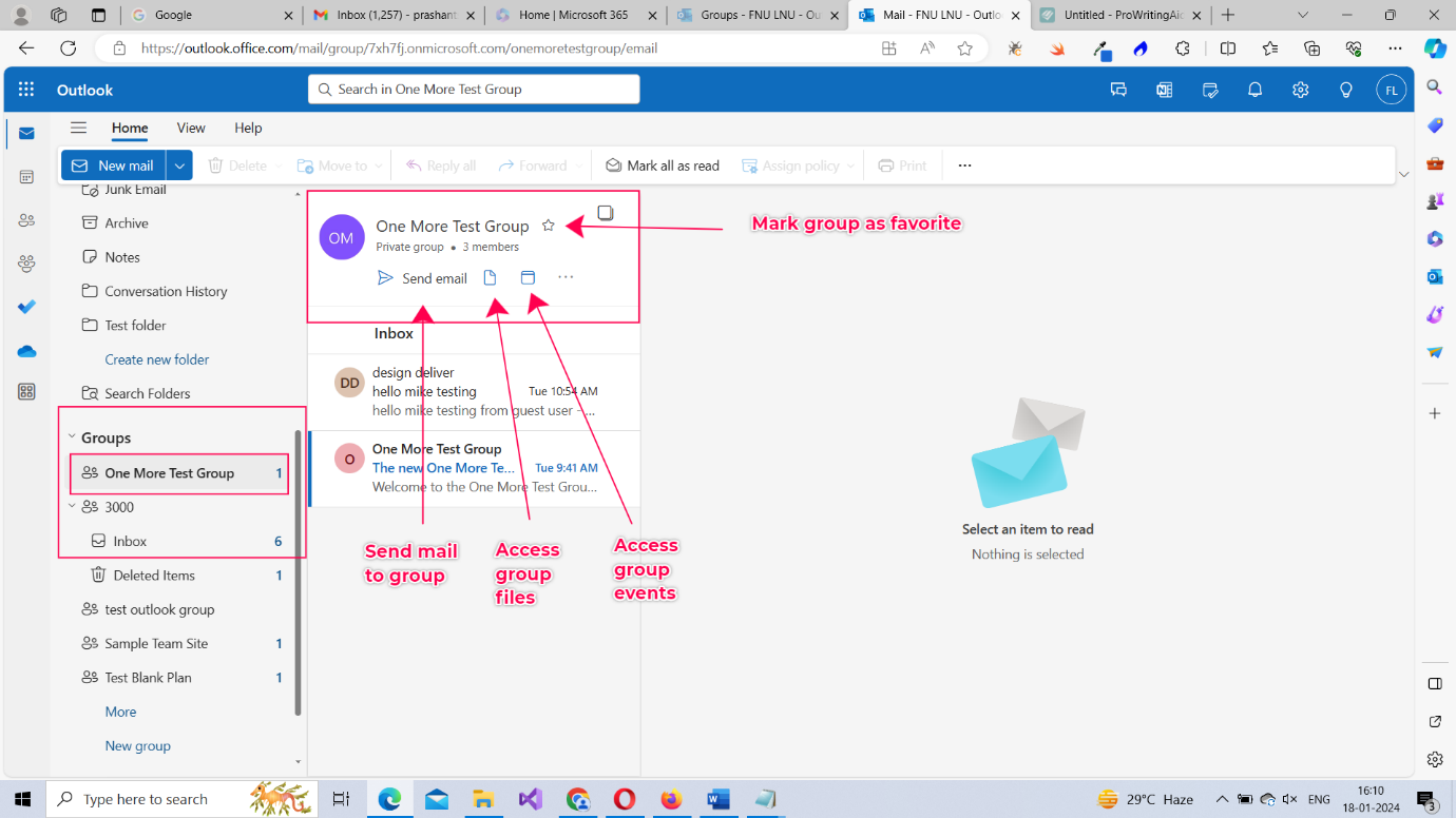 The image shows how to access Microsoft 365 Outlook group from the Groups folder in the Microsoft 365 personal user inbox.  