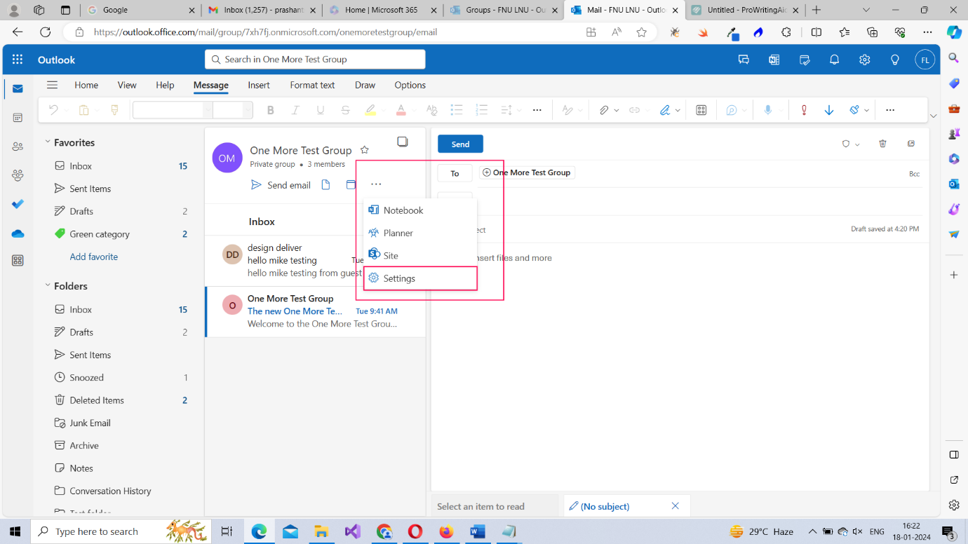 The image shows how to access the Microsoft 365 Outlook group's settings from the Microsoft 365 personal user inbox.  