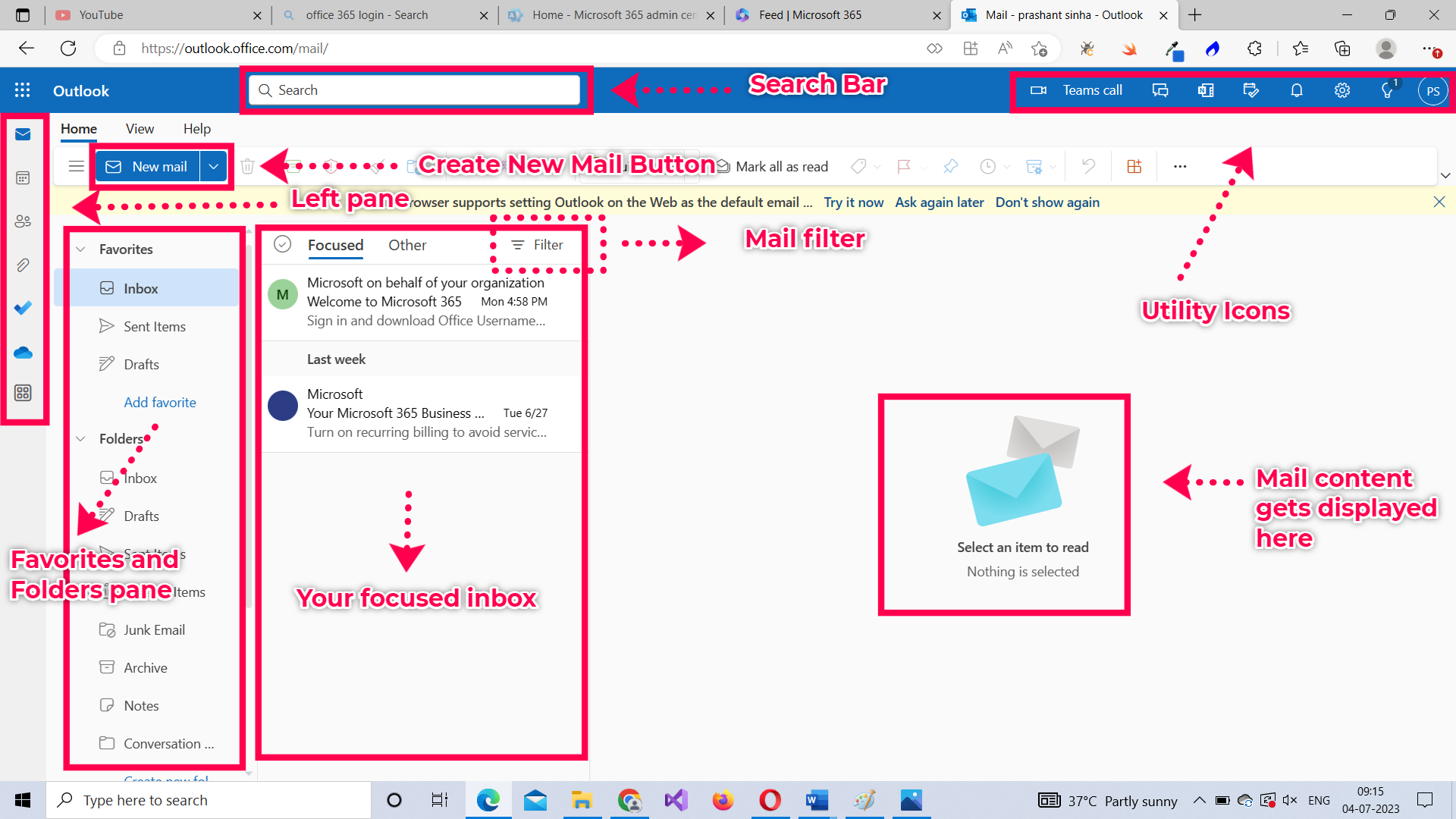 Various sections of Microsoft 365 Outlook Web App (OWA)  