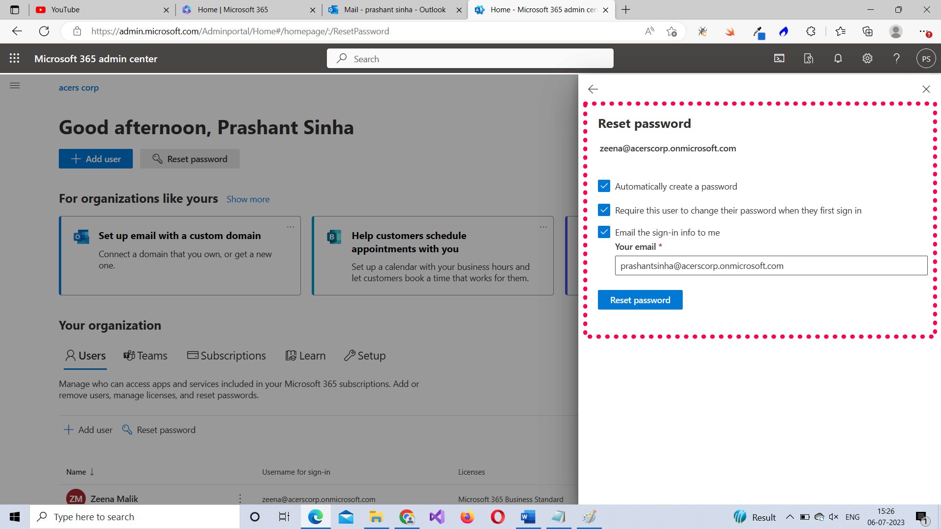 Resetting user’s password from Microsoft 365 admin home page 