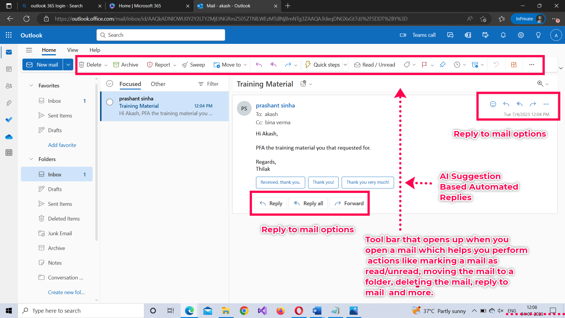 Microsoft 365 Outlook Web app toolbar  