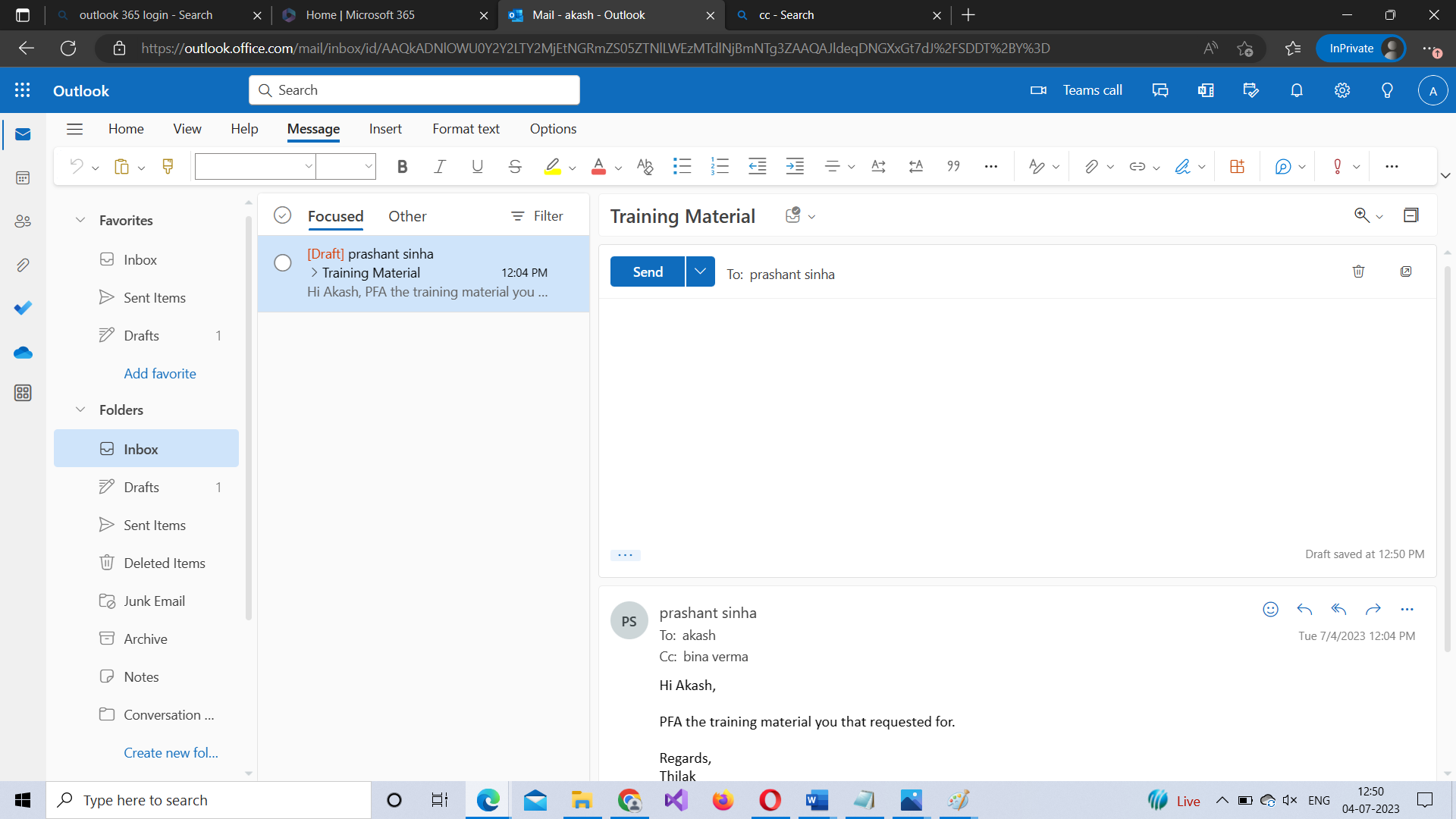 Composing reply in Microsoft 365 Outlook Web app  