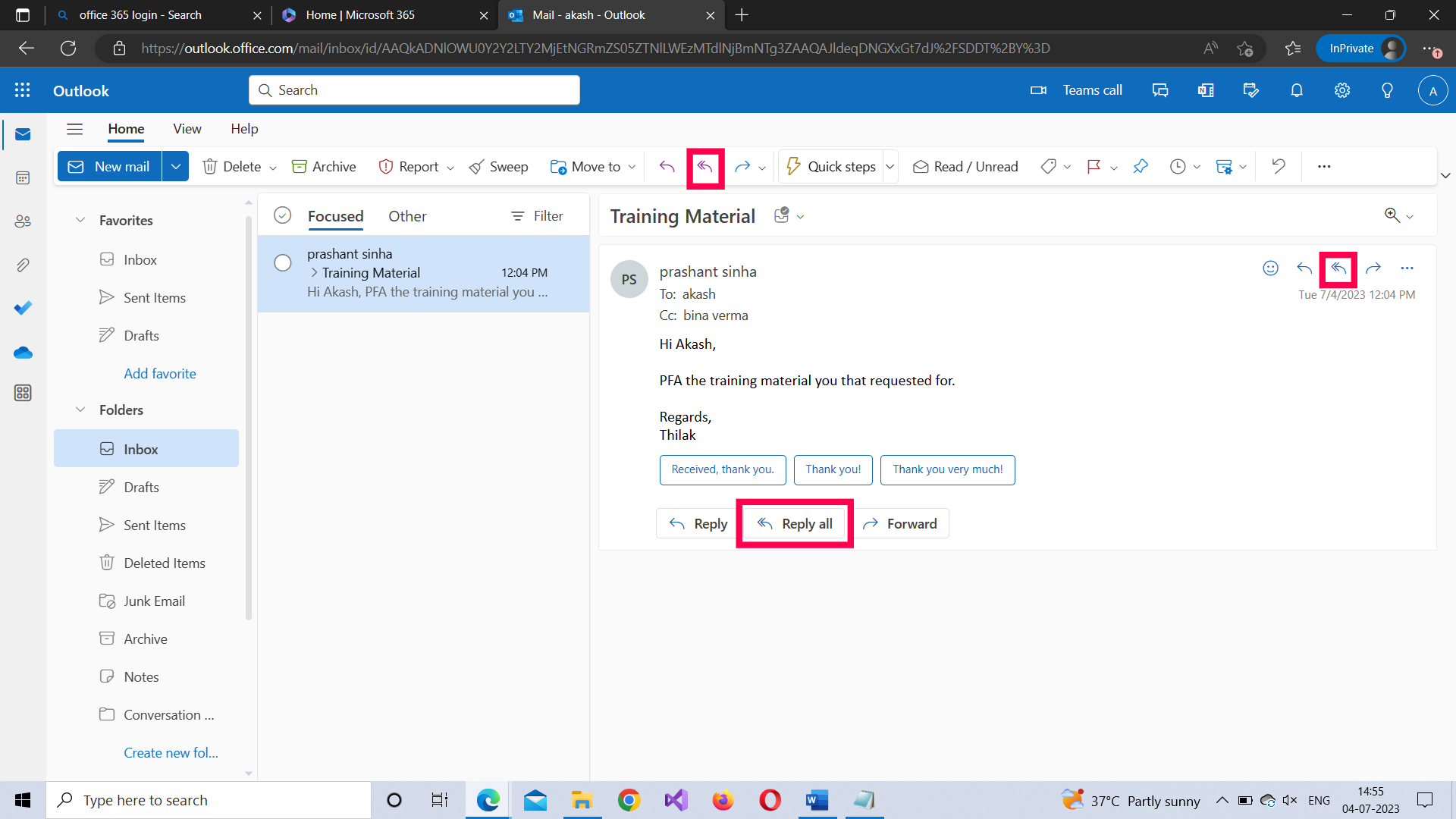 Using reply to all option in Microsoft 365 Outlook Web app  