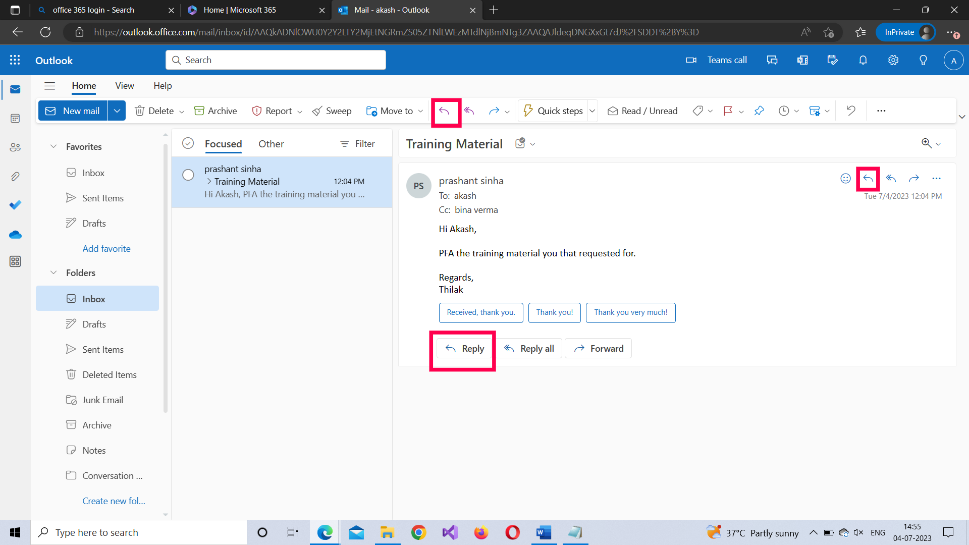 Replying to mail using Microsoft 365 Outlook Web app  