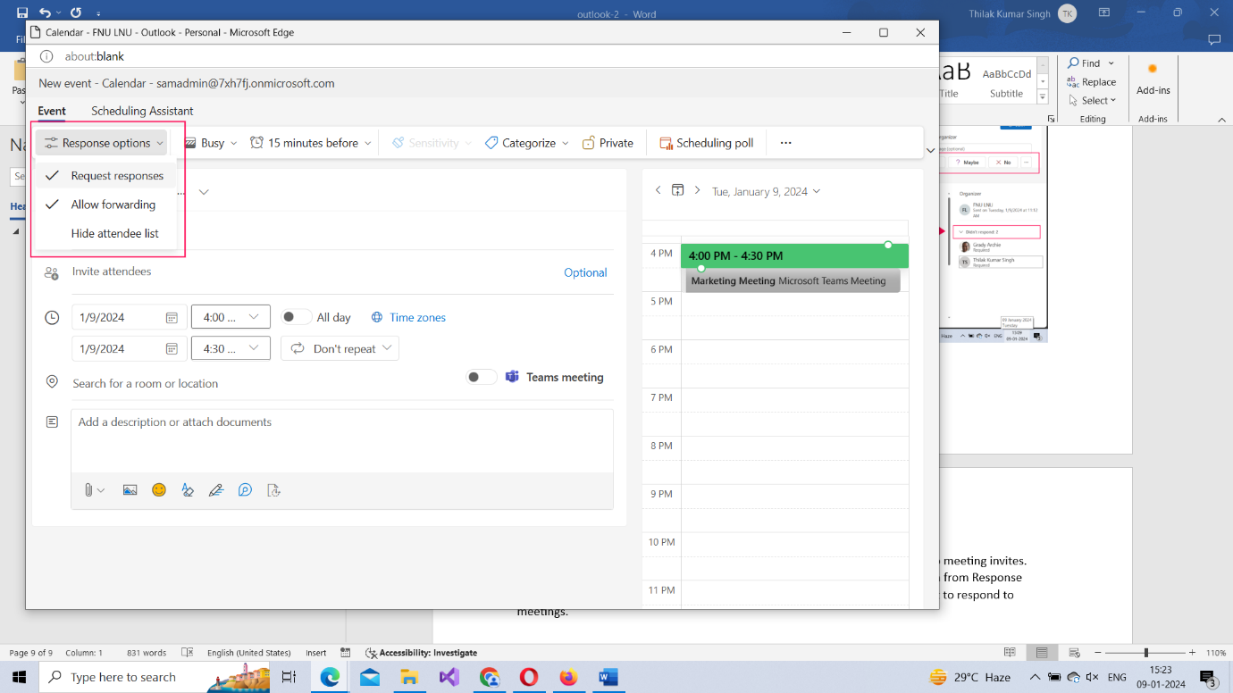 Image shows how meeting organizers decide whether attendees can respond to meeting invites using Response options dropdown.  