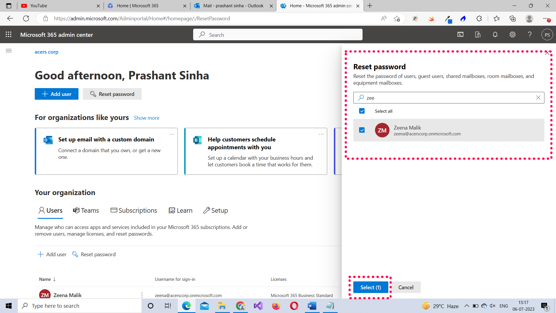 Resetting user’s password from Microsoft 365 admin home page 