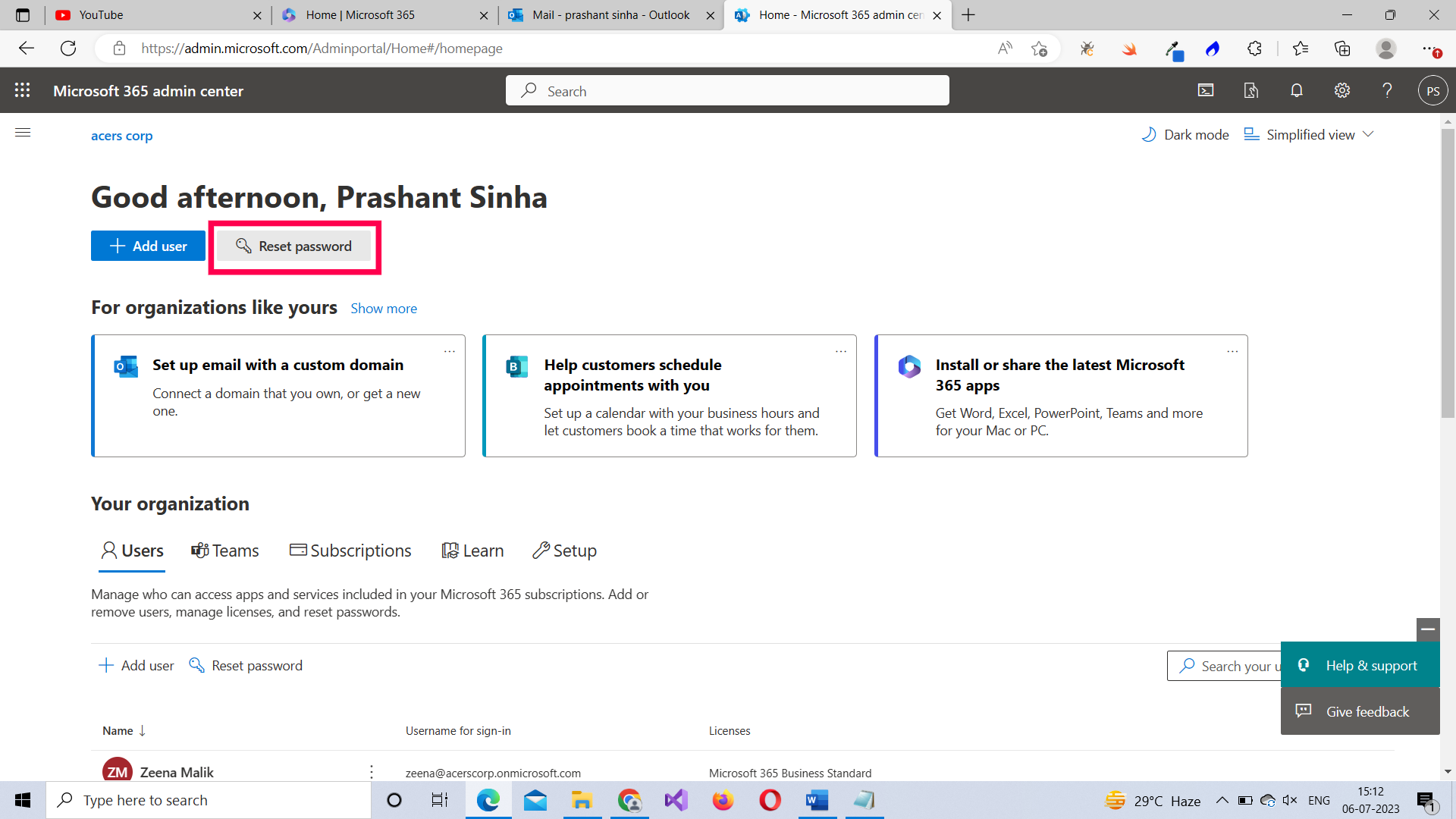 Reset Password button on Microsoft 365 admin home page  