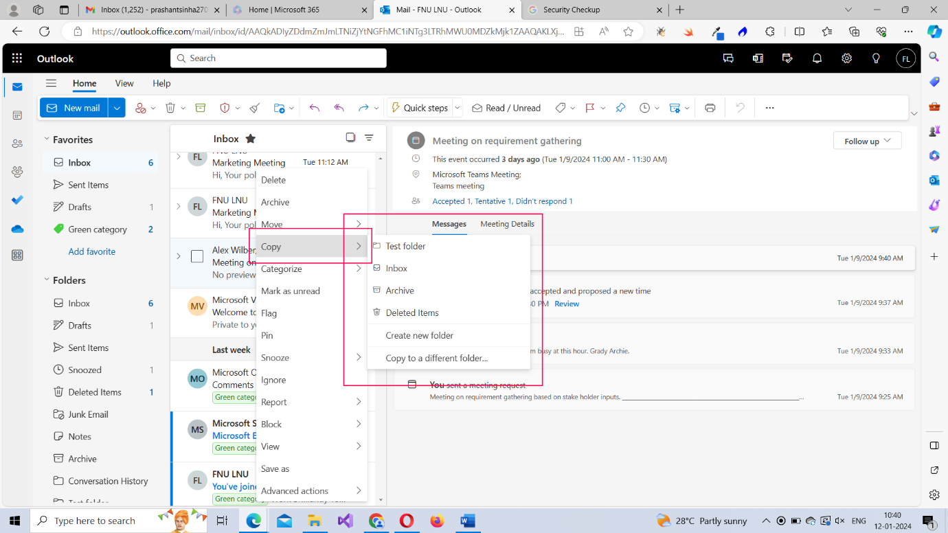 Right-click a mail to create a copy of it in another folder that you choose. 