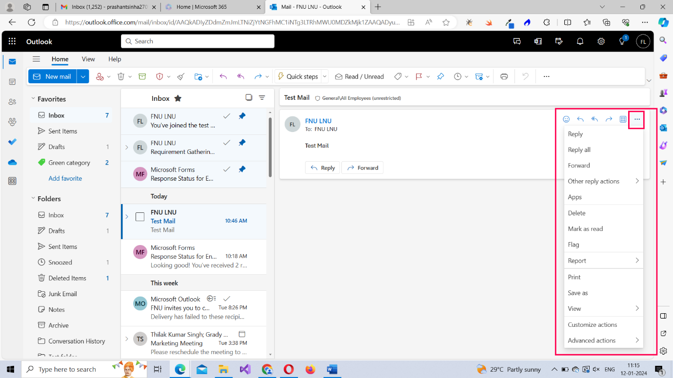 The three dots icon or the more option available to the right of the mail. 