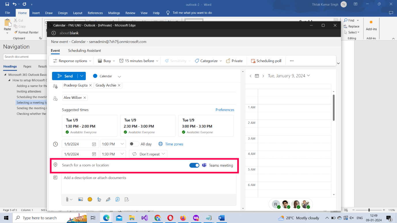 Image shows how to configure meeting location by entering the location name or enabling Teams meeting option for virtual meets. 