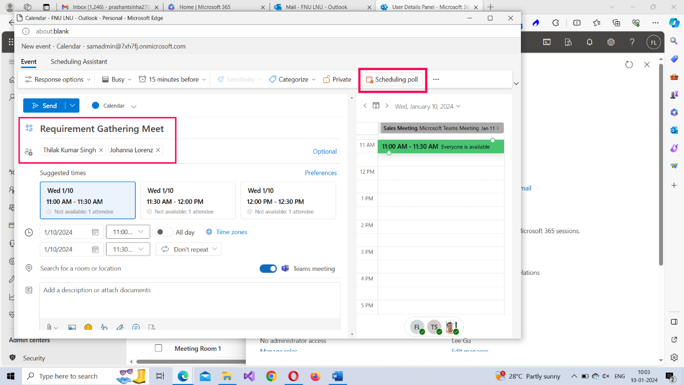 Image shows how you can access the Schedule poll option after entering the Microsoft 365 Outlook meeting details.   