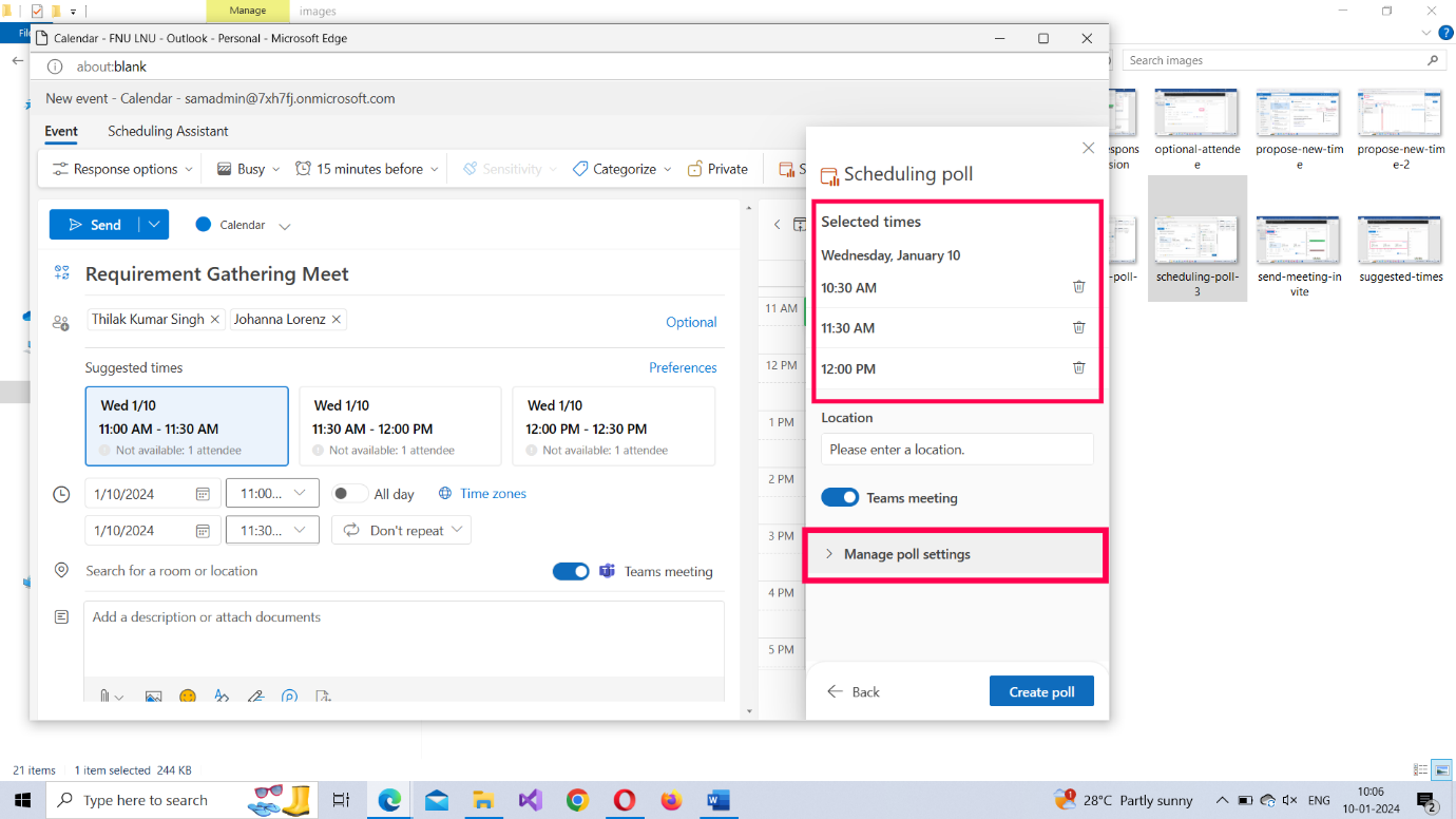 Image shows how the meeting location can be entered. Alternatively, you can enable Teams meeting option for virtual meets. 
